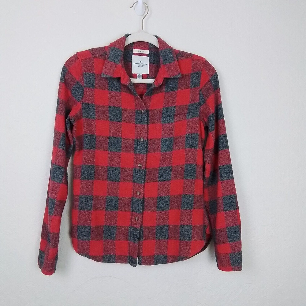 American Eagle Womens Flannel Shirt XS Red Gray Plaid Cozy Button‎ Up Slim Fit